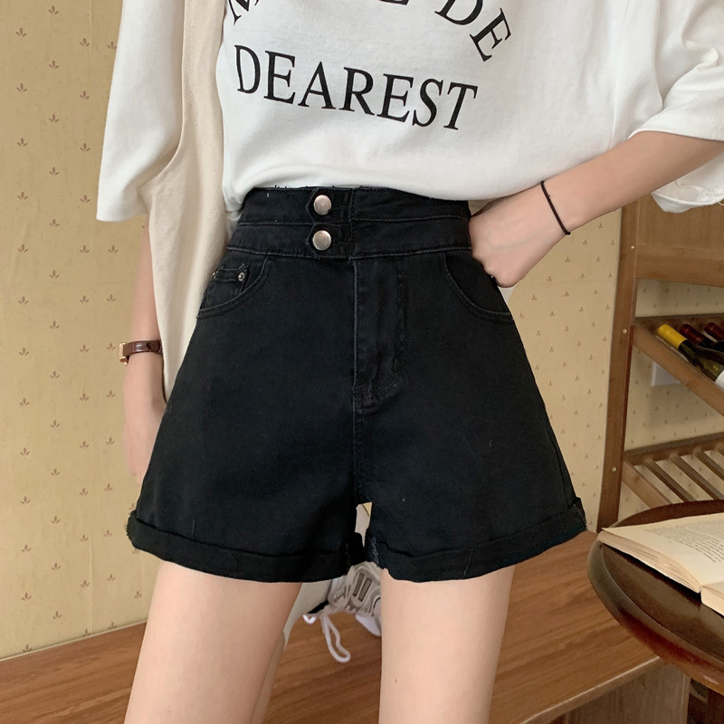 Real shot # denim shorts women's black simple fashion double button hem jeans real price