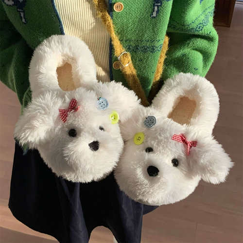 冬季新款可爱小狗泰迪棉拖鞋学生保暖舒适家居毛毛鞋女卧室月子鞋