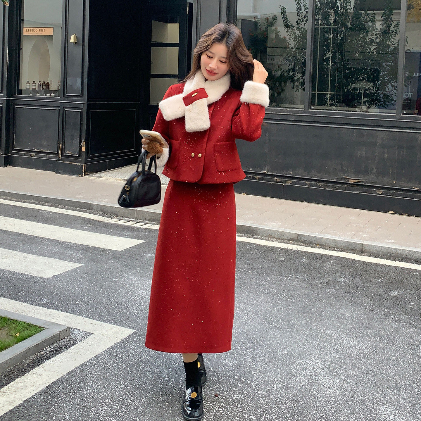 现货撒银亮闪闪90绒内胆套装裙配围巾2C139-871-P285-K428,女装套装/套裙,2C139