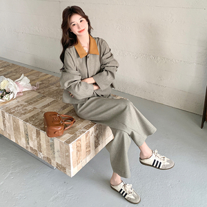超火气质通勤穿搭灰色工装套装女春秋2025新款高级感阔腿裤两件套图片