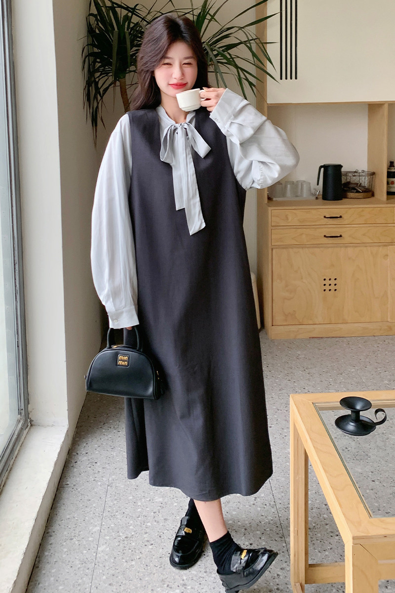 韩系松弛感穿搭学院风衬衫加背心裙套装女春秋超火好看长裙两件套,女装套装/套裙,2C139