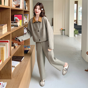 超火气质通勤穿搭灰色工装套装女春秋2025新款高级感阔腿裤两件套图片