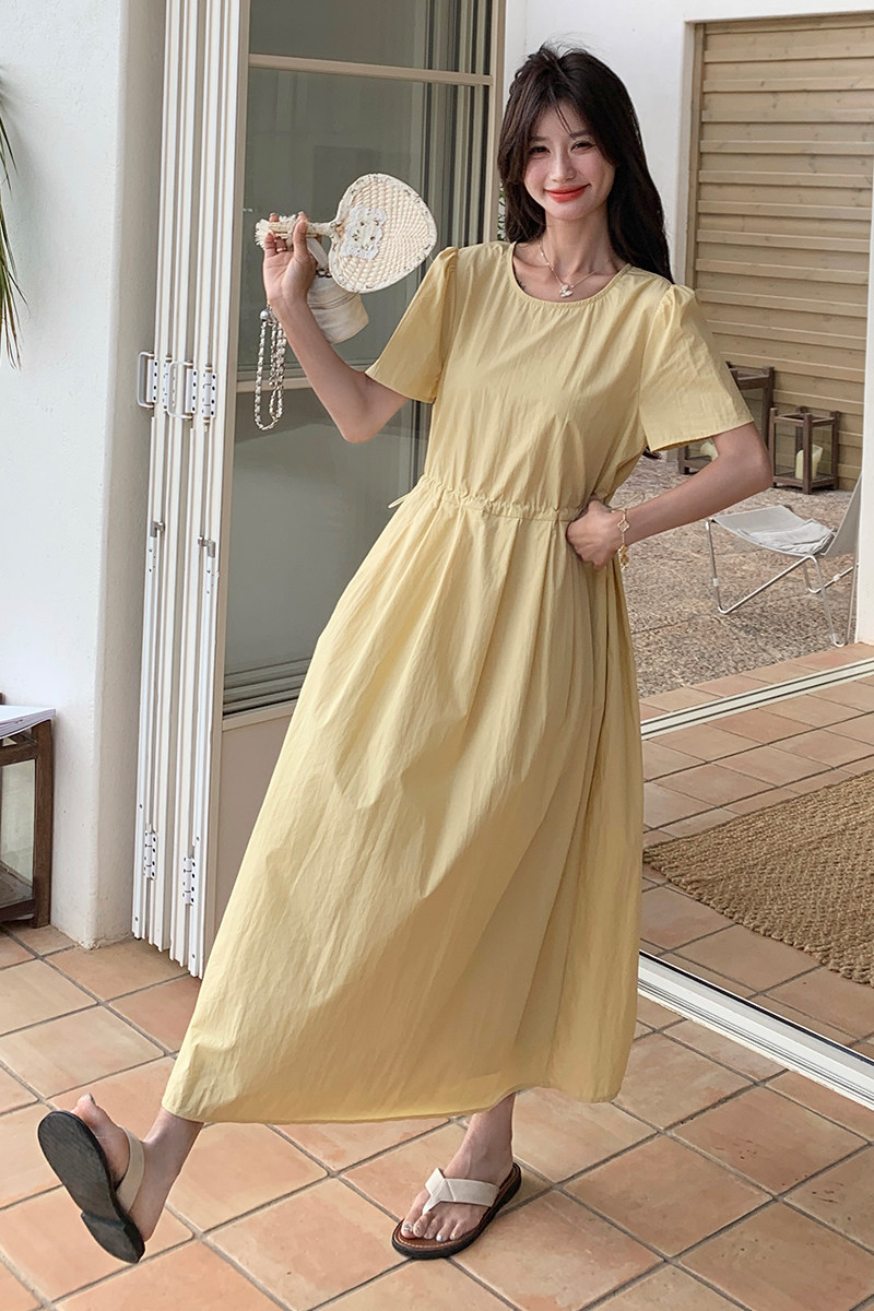 黄色超好看漂亮泡泡袖高级感连衣裙女夏季法式抽绳收腰显瘦长裙,女装连衣裙,2C139
