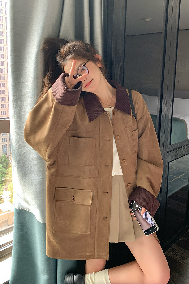 拼色翻领麂皮绒风衣外套女2025秋季新款韩系宽松复古小个子夹克潮,女装短外套,2C139