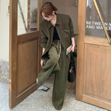 橄榄绿复古时尚衬衫阔腿裤套装女2025秋新款高级感宽松休闲两件套，女装套装/套裙，2C139