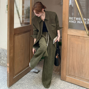 橄榄绿复古时尚衬衫阔腿裤套装女2025秋新款高级感宽松休闲两件套图片