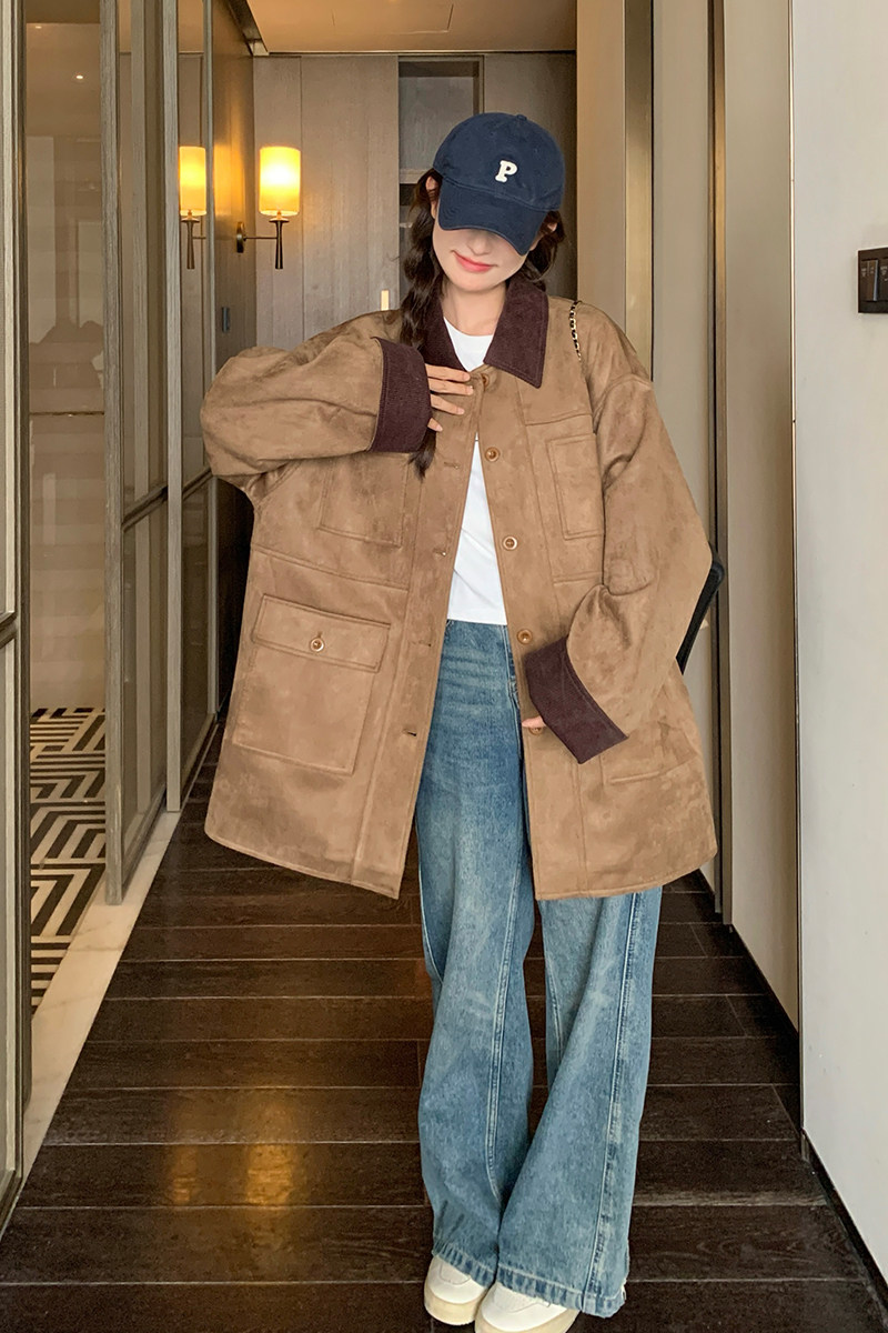 现货附买家秀高级感咖色麂皮绒外套2088款P155控218,女装短外套,2C139