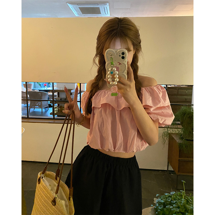 陈漂亮 夏季新款自制法式一字肩抹胸纯色粉色露肩别致衬衫小上衣