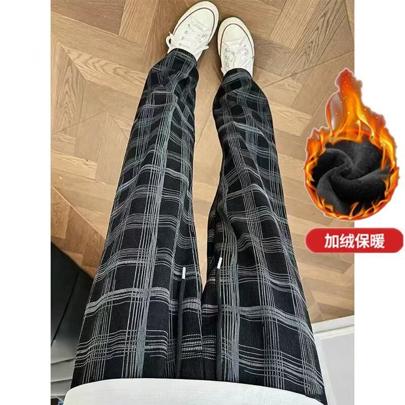垂感格子裤男秋冬季宽松直筒阔腿灯芯绒裤潮牌青少年厚款休闲长裤