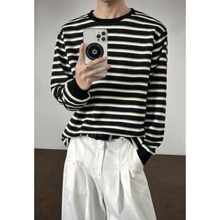 23号街区复古拼色小领口黑白条纹长袖t恤男春秋宽松潮休闲打底衫