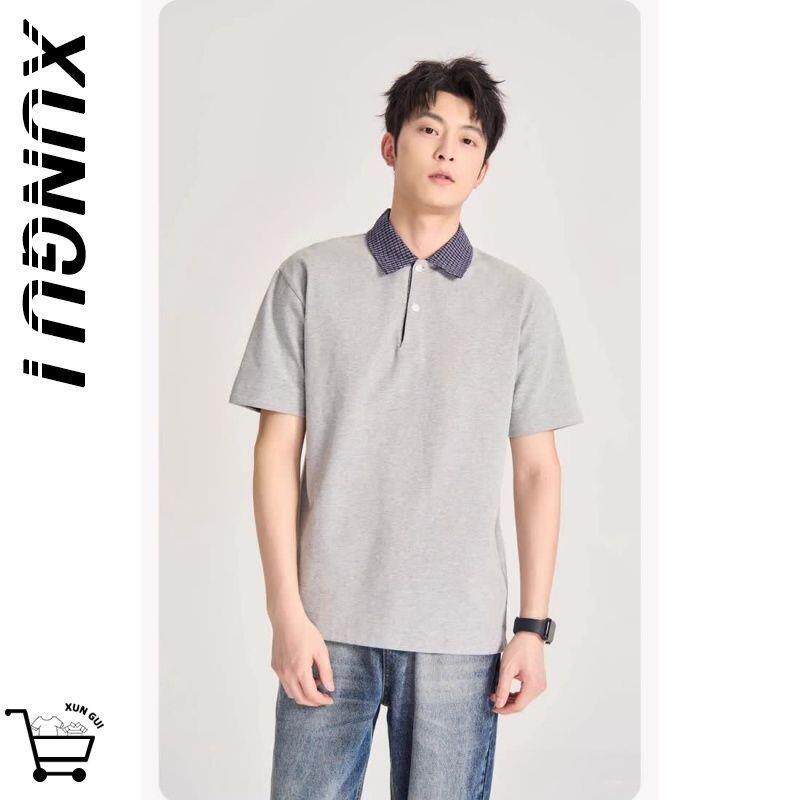 夏季宽松格子拼接polo衫男款痞帅高级感时尚潮流翻领短袖T恤潮男