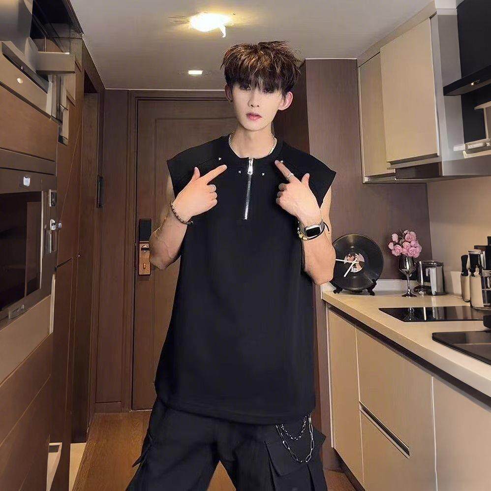 半拉链铆钉坎肩无袖背心男款夏季美式气质潮流百搭时尚上衣打底衫