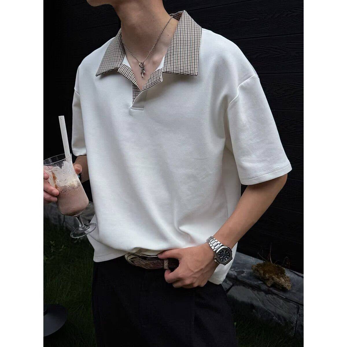 夏季薄款短袖polo衫男生撞色假两件t恤百搭撞色宽松休闲半袖上衣