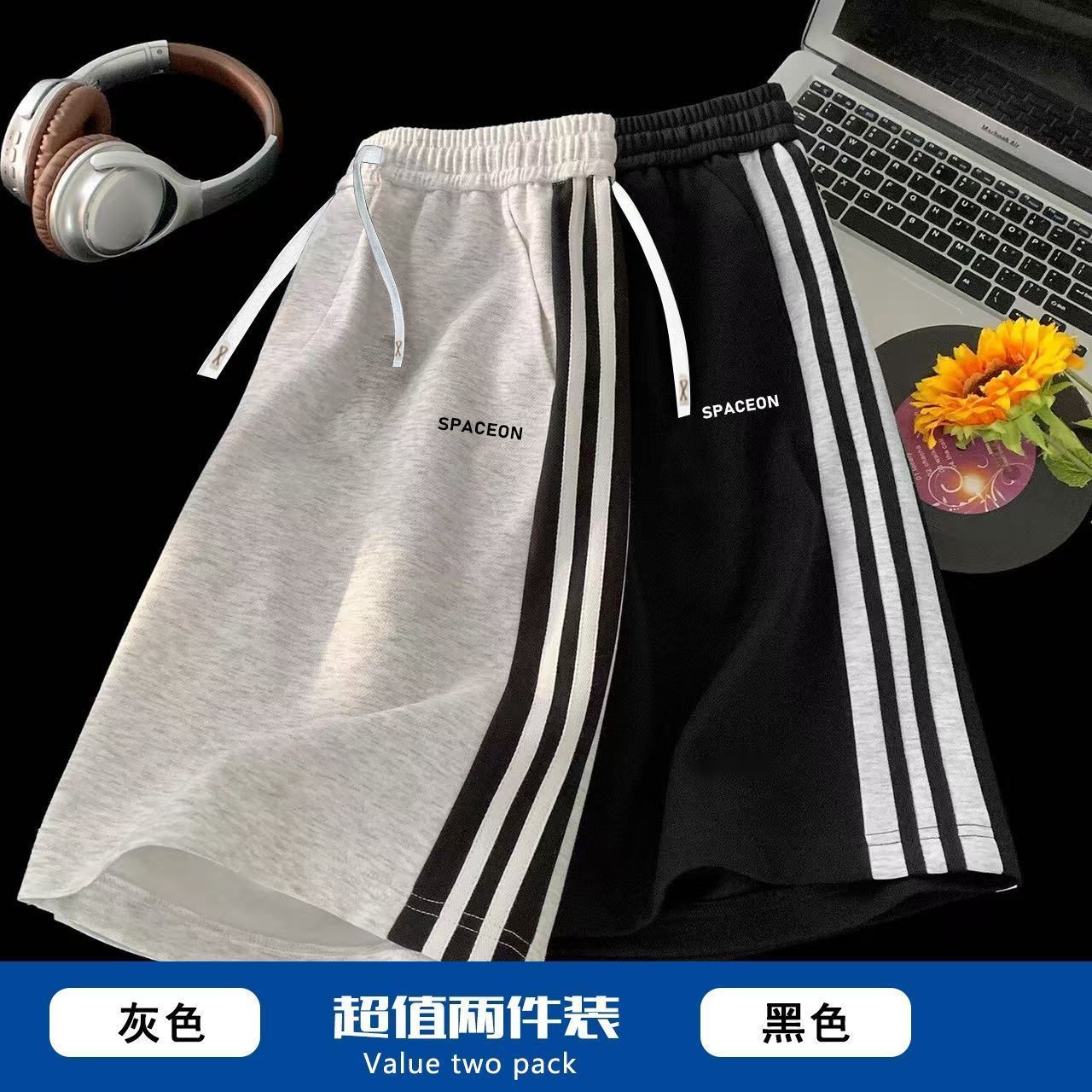 条纹运动短裤美式拼接宽松夏季潮牌直筒裤休闲男女生外穿五分裤子