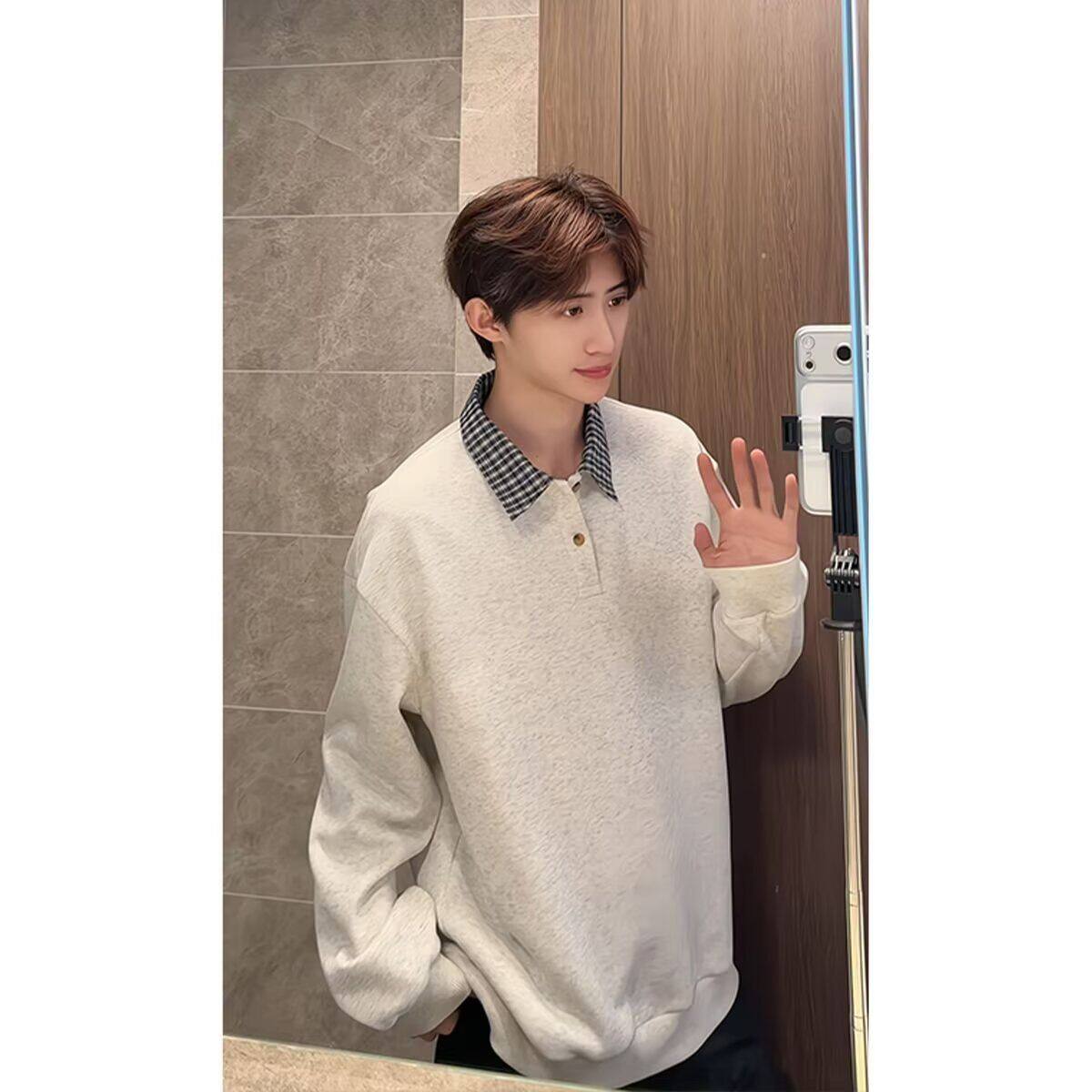 春秋季美式休闲POLO领卫衣男生拼接假两件宽松上衣格子领设计上衣