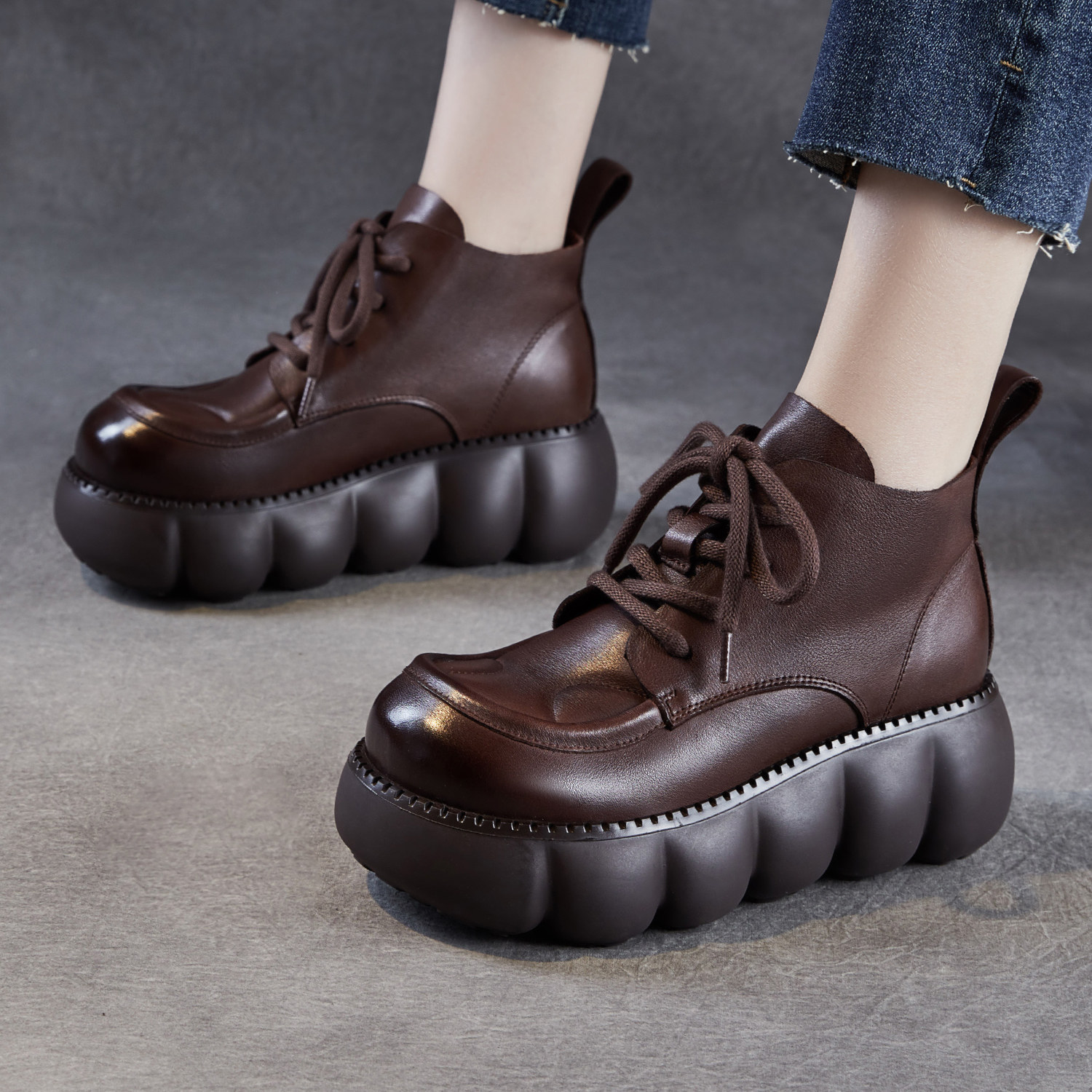 2025秋季新款英伦复古真皮增高短靴子女松糕厚底系带马丁靴小个子,女鞋,马丁靴,淘宝优惠券,粉丝福利购,淘宝优惠卷