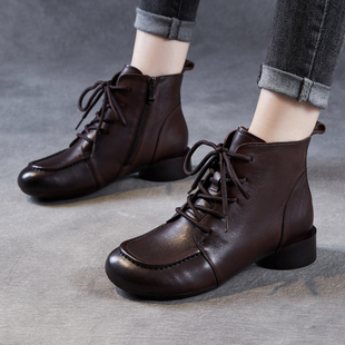 头层牛皮复古粗跟小短靴中年妈妈真皮女鞋2025秋冬新款软底马丁靴