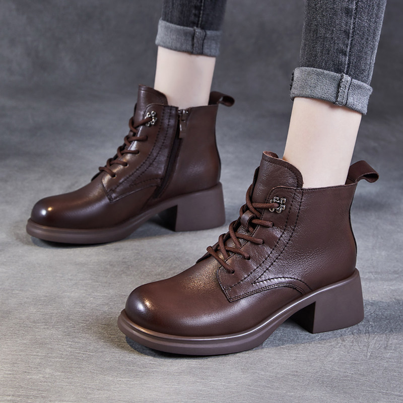 真皮女鞋粗跟短靴马丁靴女2025新款秋冬英伦风软皮时装显脚小靴子