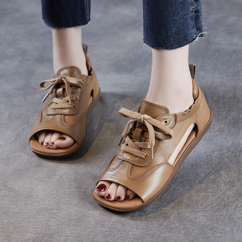 真皮平底孕妇凉鞋女夏季2026新款复古配裙子系带软底妈妈罗马凉拖