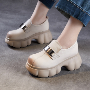 7cm厚底增高休闲单鞋 女春季 松糕底乐福鞋 真皮金属扣英伦风小皮鞋