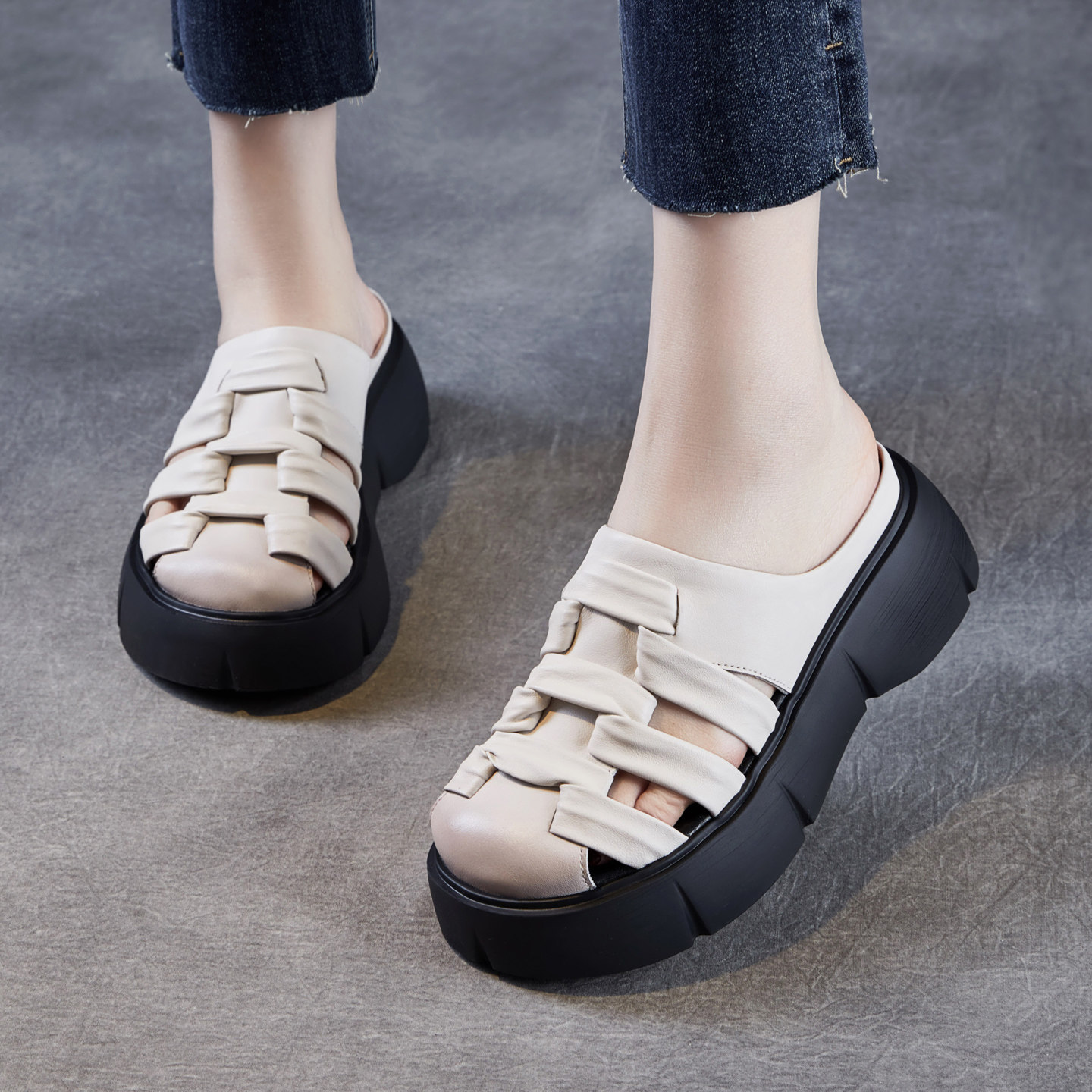 厚底外穿半拖鞋女2025夏季真皮编织民族风增高镂空透气包头凉拖鞋