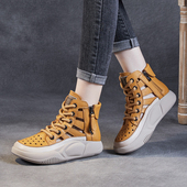 2025夏季 女镂空双拉链休闲运动洞洞鞋 新款 真皮厚底高帮透气摇摇鞋