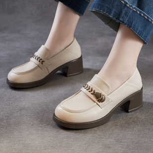 羊皮单鞋女粗跟2026新款春季真皮乐福鞋厚底一脚蹬中跟圆头小皮鞋