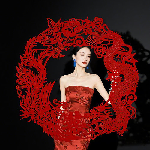 植绒剪纸大喜字晨袍拍照道具