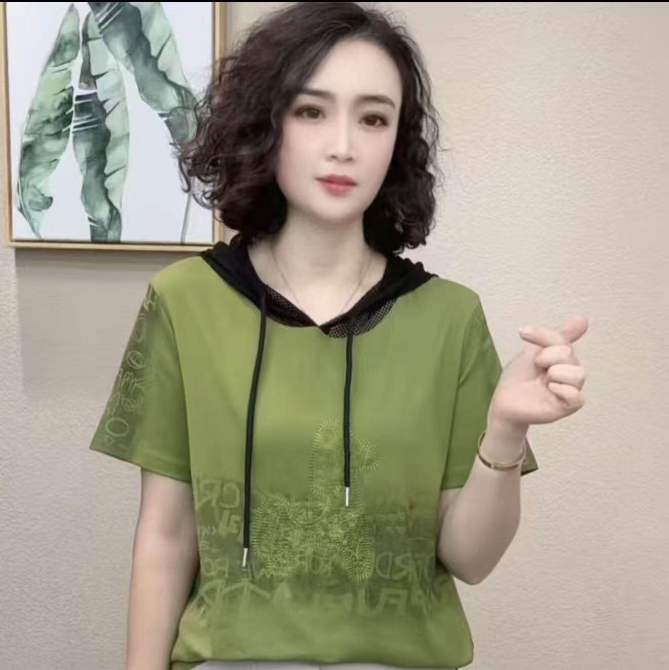 夏装新款时尚连帽短袖T恤女洋气印花宽松显瘦百搭遮肉妈妈装上衣