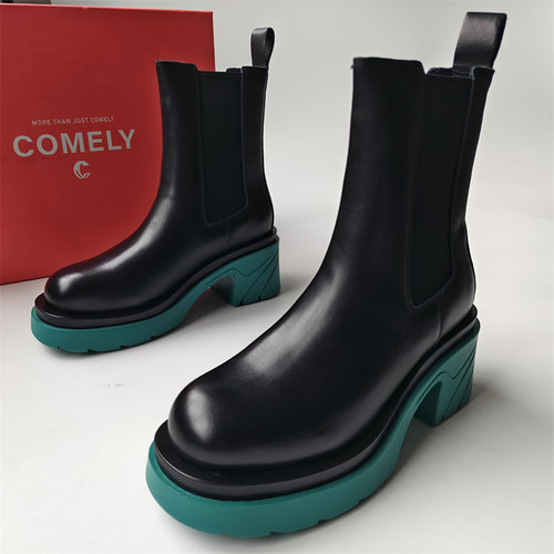 comely/康莉撤柜处理真皮女鞋时尚粗跟烟筒靴厚底百搭骑士短靴潮