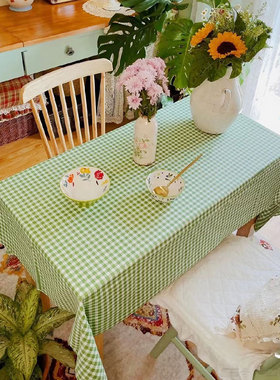 桌布轻奢高级感民宿氛围感餐桌布田园风绿色格子棉麻布料长方形布
