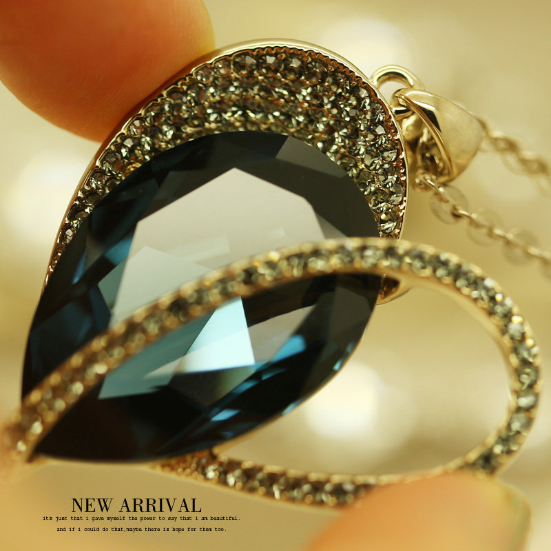 K22蓝色心形奥地利合成水晶长款毛衣链韩国饰品可爱新款项链女