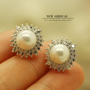 E75优雅双层锆石珍珠耳钉韩版复古长款耳环女针防过敏耳坠吊坠