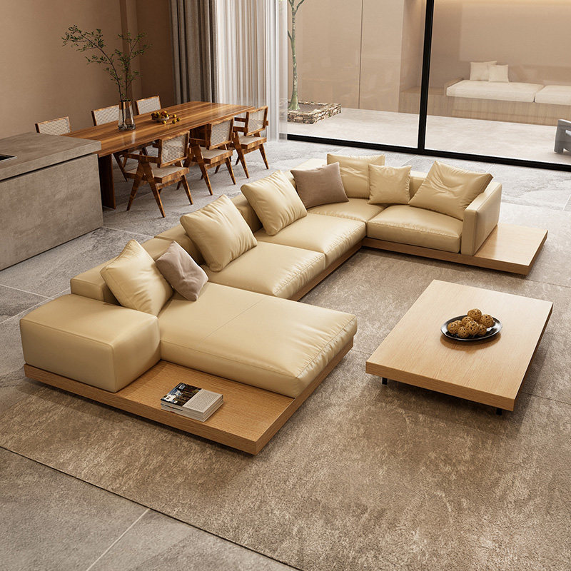 纳威日式侘寂风真皮沙发转角别墅大户型客厅极简原木风纳帕皮沙发