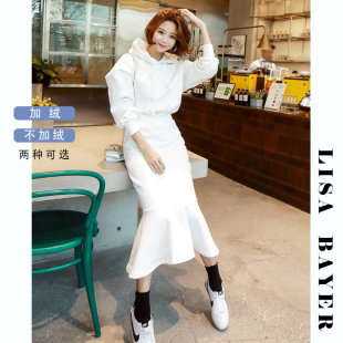 秋冬套装女加绒韩版宽松运动套头卫衣休闲春秋款连帽两件套鱼尾裙