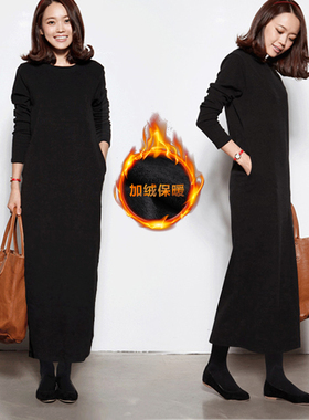 秋冬新款打底连衣裙韩版休闲卫衣女加绒长裙大码冬季加厚显瘦裙子