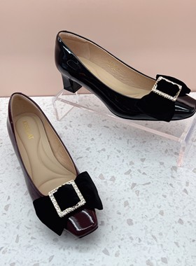 KISSCAT接吻猫2023秋款复古蝴蝶结浅口单鞋粗跟女鞋KA43602-11