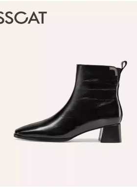 接吻猫粗跟靴2025冬新圆头瘦瘦靴真皮黑色时装靴KA65720-12