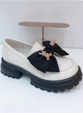 索菲娅2023春季新款蝴蝶结圆头小皮鞋黑色厚底乐福鞋女SF33912007