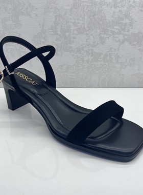 KISSCAT接吻猫2024夏新款舒适33码羊绒方头粗跟凉鞋女 KA63315-10