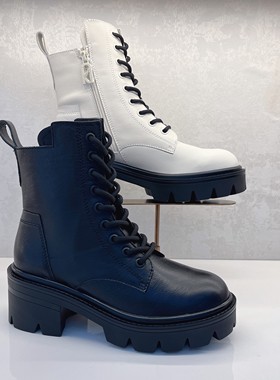 KISS CAT接吻猫2022秋冬新款短靴休闲圆头粗跟马丁女靴KA32551-50