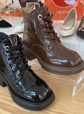 KISSCAT接吻猫马丁靴2023秋冬新款牛皮方头短筒女鞋KA43548-55