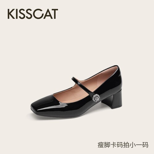 接吻猫2025春款复古真皮单鞋法式粗跟玛丽珍鞋女KA65129-10