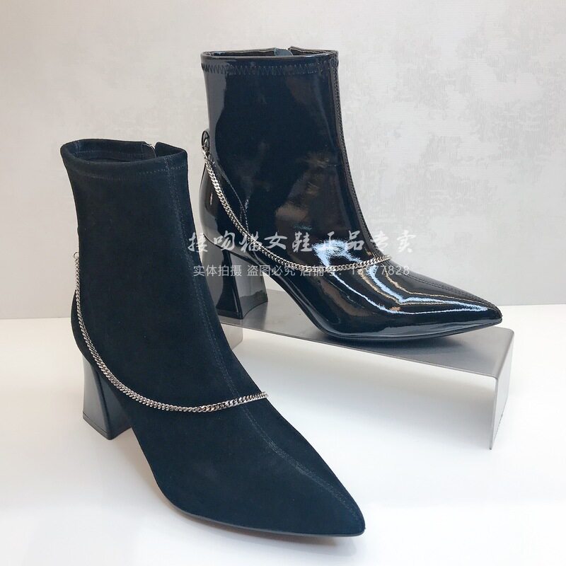 kisscat接吻猫2020冬季专柜新款漆皮方尖头侧拉链女靴 ka10721-12