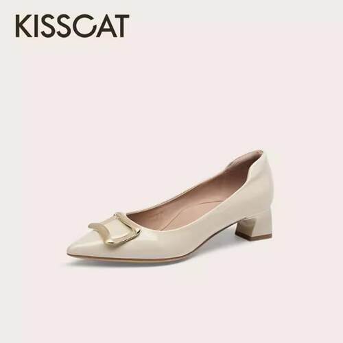 KISSCAT接吻猫浅口单鞋2025春银锭季尖头女鞋KA65165-10