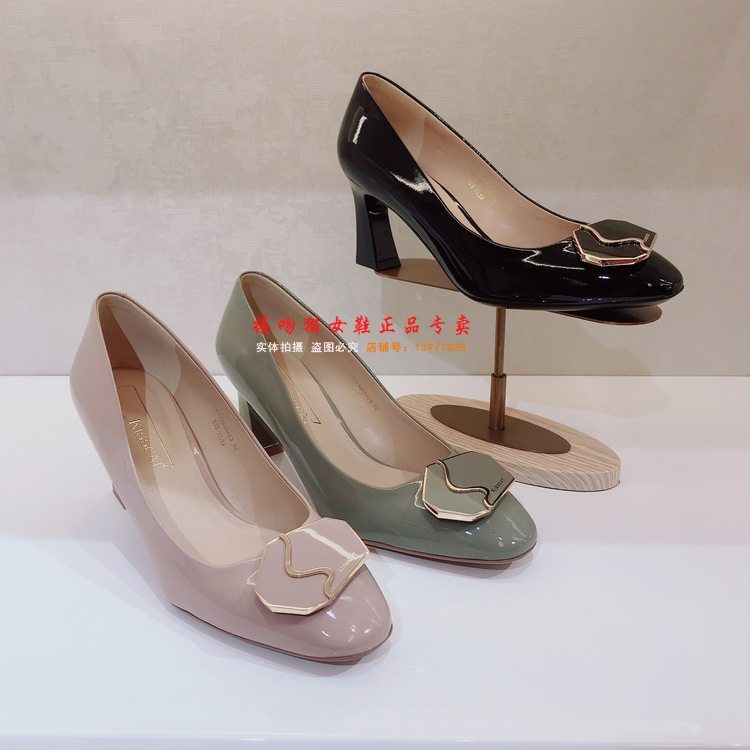 kisscat接吻猫2023新款正品粗高跟39503亮漆牛皮女单鞋ka49503-13