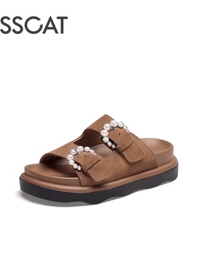 接吻猫2024夏新款度假风懒人凉拖外穿厚底珍珠博肯拖鞋KA54380-50