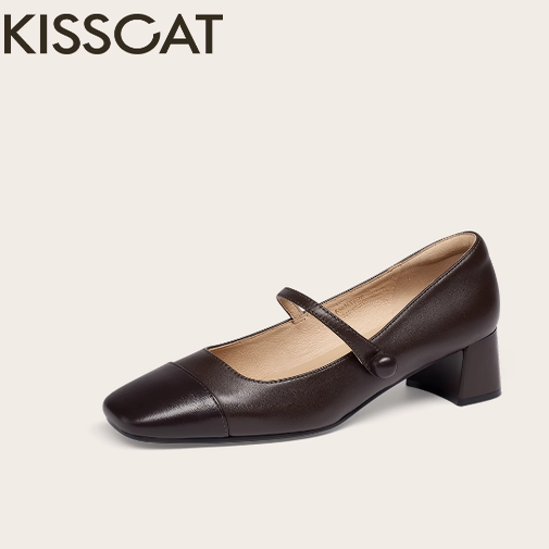 KISSCAT接吻猫25秋新款粗跟法式高跟鞋黑色玛丽珍鞋女KA65533-10