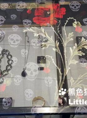 英国比斯特折扣McQueen麦昆骷髅头花朵黑底全100%蚕丝丝巾现货