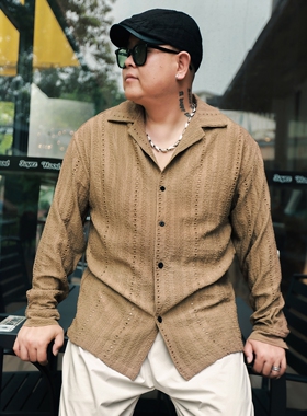大码潮牌OldMoney帅气显瘦衬衫男休闲初秋宽松镂空上衣300斤胖子